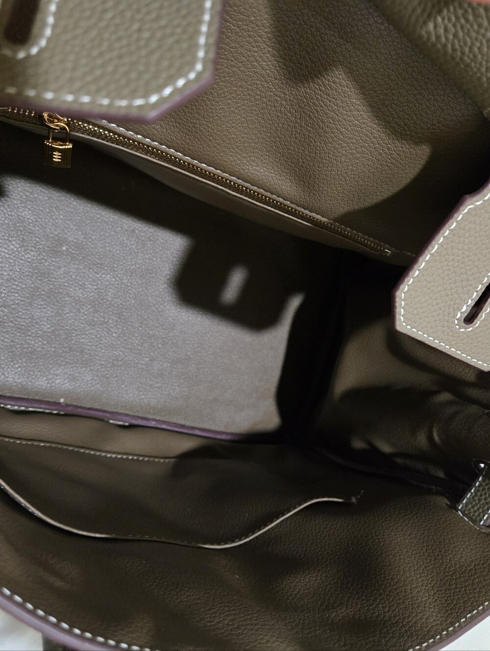 Taupe Leather Top-Handle Tote Bag with Gold Hardware - Picture 6 of 6